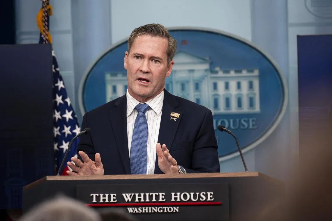 White House national security adviser Mike Waltz speaking at a press conference on Feb 20.