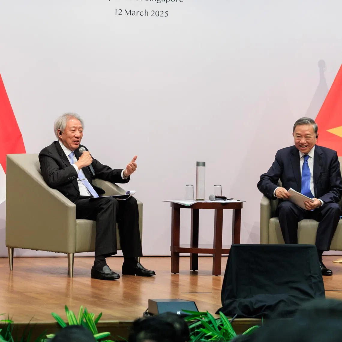 General Secretary of the Communist Party of Vietnam of the Socialist Republic of Vietnam Mr Tô Lâm (right), and Senior Minister Teo Chee Hean at the dialogue event held at NUS.