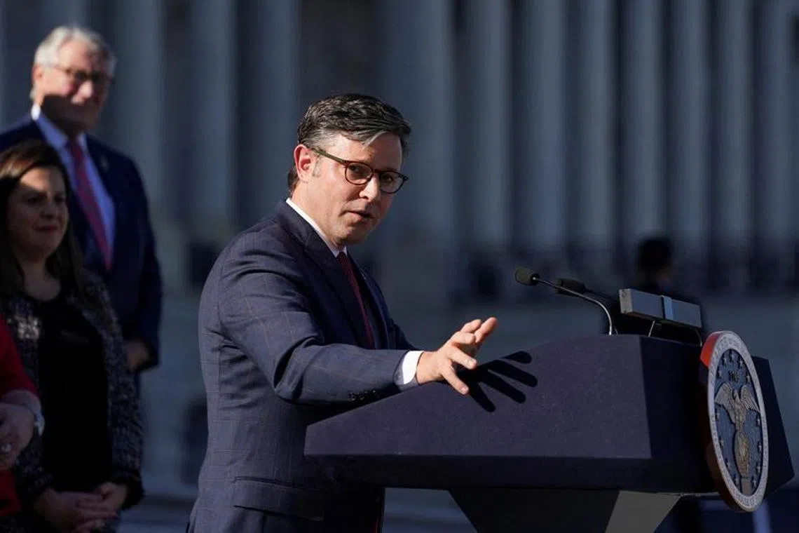 FILE PHOTO: Newly elected Speaker of the House Mike Johnson (R-LA) delivers remarks on the outer steps of the House of Representatives after he was elected to be the new Speaker at the U.S. Capitol in Washington, U.S., October 25, 2023. REUTERS/Nathan Howard/File Photo
