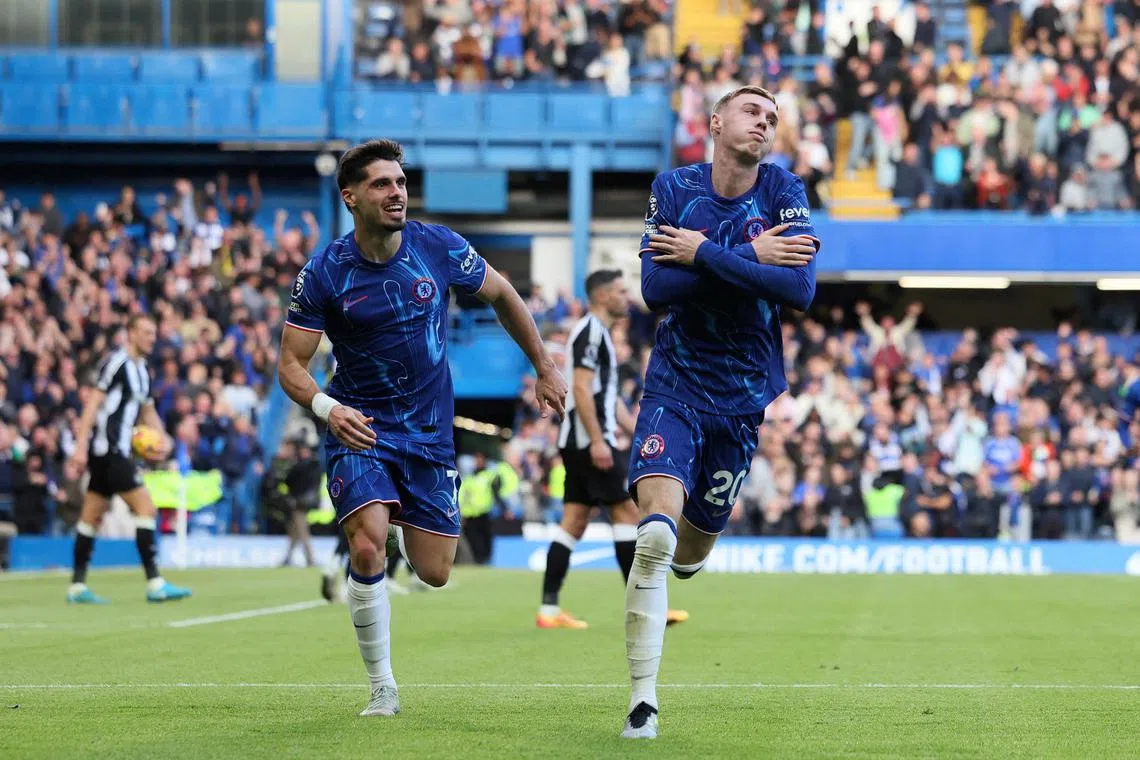 Chelsea's Cole Palmer celebrating his winner in the 2-1 English Premier League triumph over Newcastle United at Stamford Bridge on Oct 27.