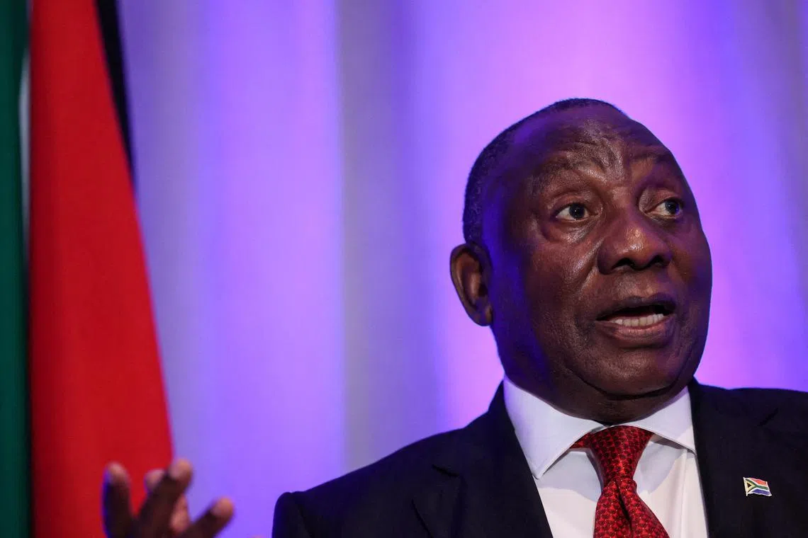 FILE PHOTO: South African President Cyril Ramaphosa attends a press conference, after his White House meeting with U.S. President Donald Trump, in Washington, D.C., U.S., May 21, 2025. REUTERS/Leah Millis/File Photo