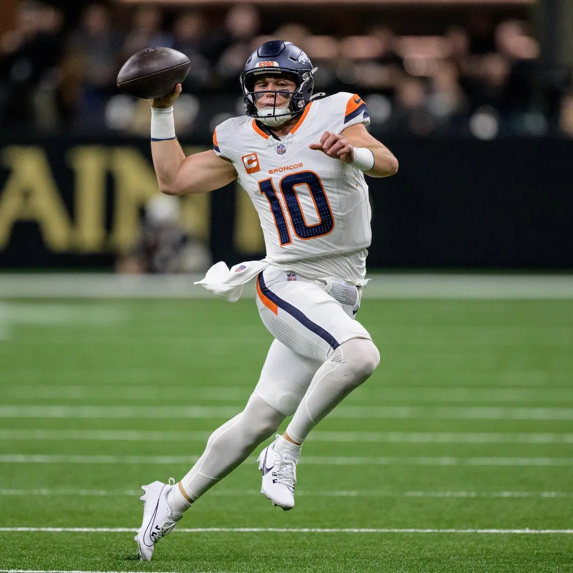 FILE PHOTO: Oct 17, 2024; New Orleans, Louisiana, USA; Denver Broncos quarterback Bo Nix (10) throws during the first quarter against the New Orleans Saints at Caesars Superdome. Mandatory Credit: Matthew Hinton-Imagn Images/File Photo