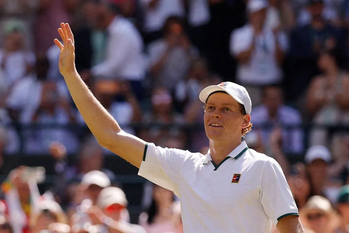 Tennis - Wimbledon - All England Lawn Tennis and Croquet Club, London, Britain - July 7, 2026 Italy's Jannik Sinner celebrates after winning his quarter final match against Germany's Jan-Lennard Struff REUTERS/Andrew Couldridge