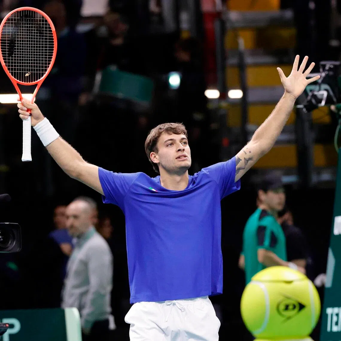 Flavio Cobolli - Italy's number one for the week in the absence of top players Jannik Sinner and Lorenzo Musetti - celebrates his win over Austria's Filip Misolic.
