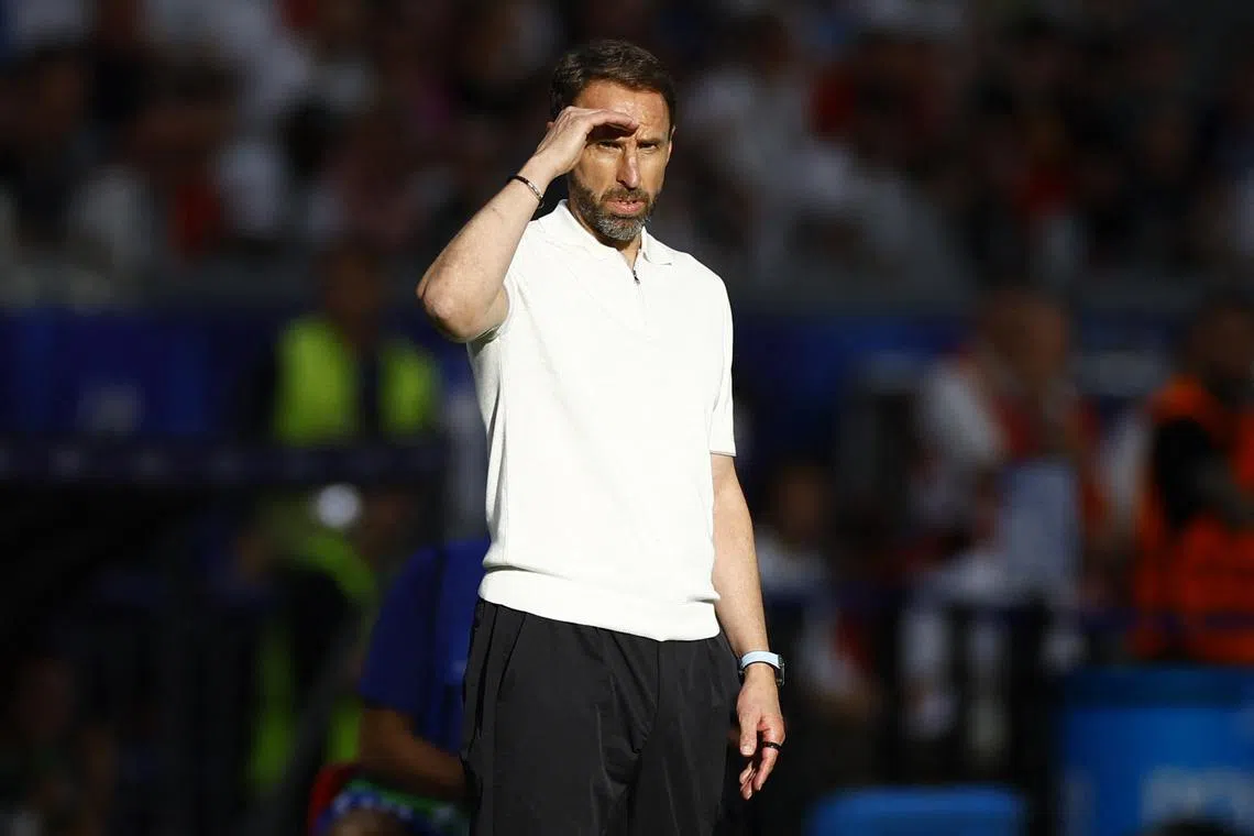 FILE PHOTO: Soccer Football - Euro 2024 - Group C - Denmark v England - Frankfurt Arena, Frankfurt, Germany - June 20, 2024 England manager Gareth Southgate looks on REUTERS/John Sibley/File Photo