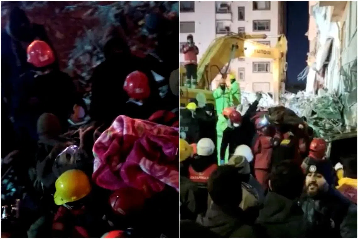 Rescuers extricating Ms Masallah Cicek from the debris of a collapsed building in Diyarbakir, Turkey, on Feb 11, 2023.