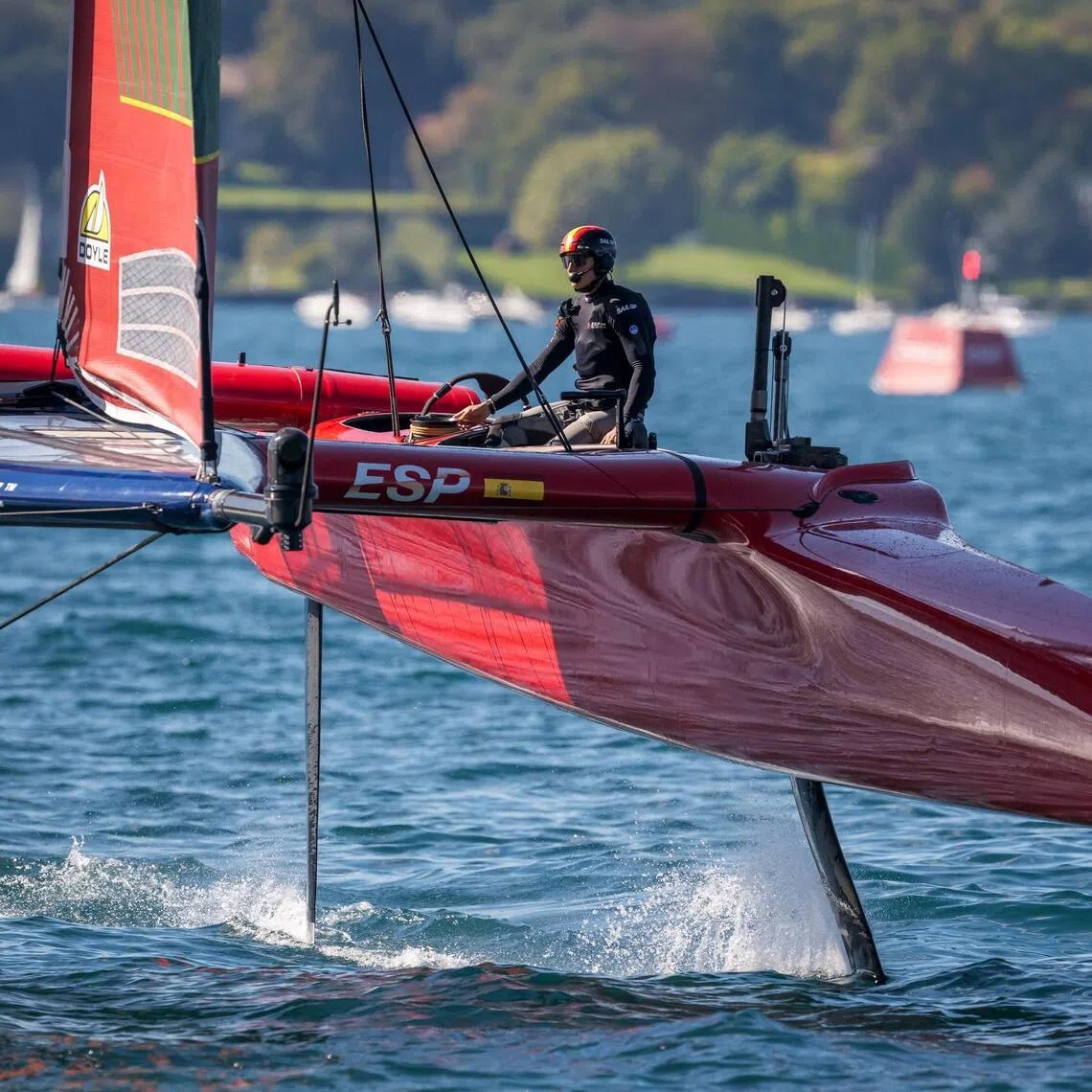 Team Spain with their 50-foot foiling catamaran during the SailGP event on Lake Geneva on Sept 20, 2025.