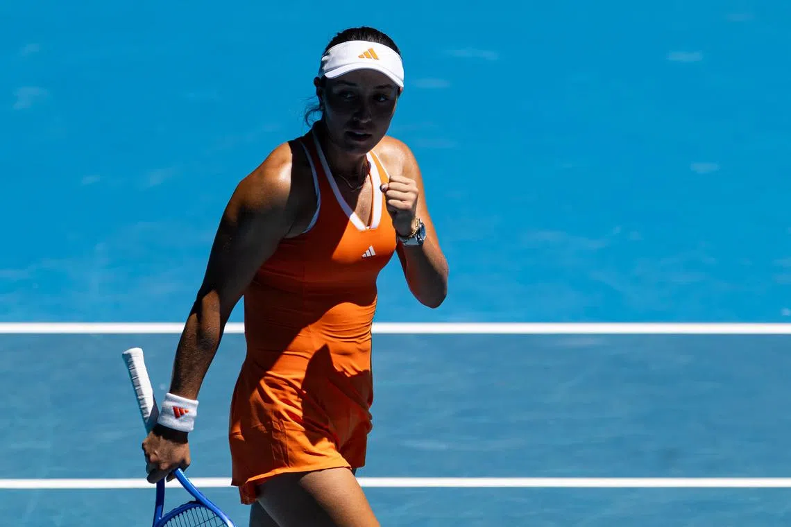 Jan 26, 2026; Melbourne, Victoria, Australia; Jessica Pegula of United States celebrates her victory over Madison Keys of United States in the fourth round of the women’s singles at the Australian Open at Rod Laver Arena in Melbourne Park. Mandatory Credit: Mike Frey-Imagn Images