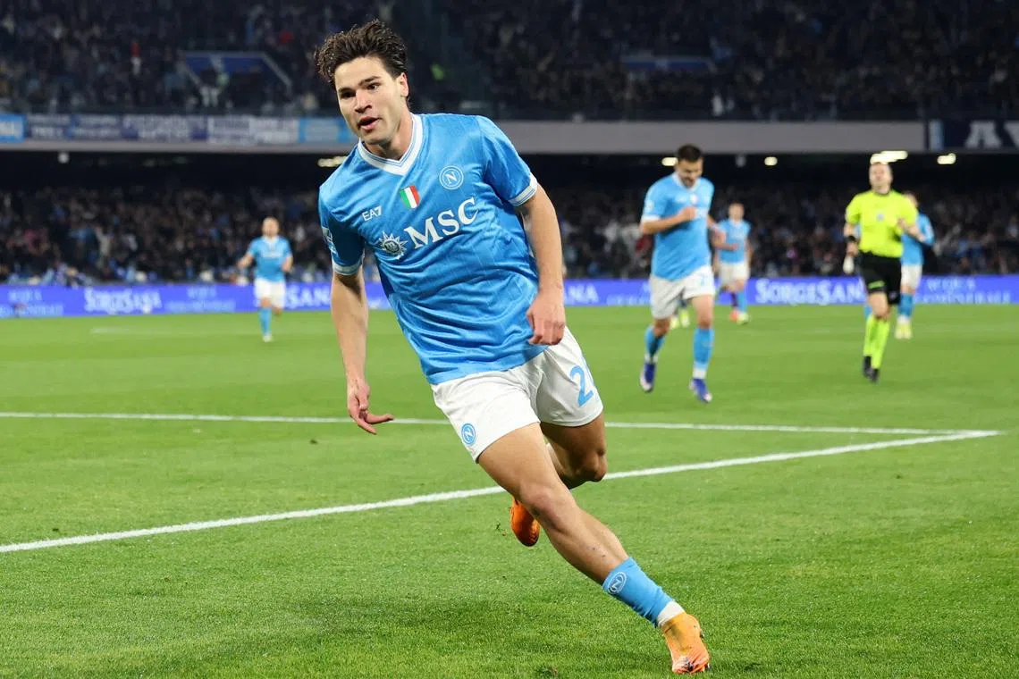 Soccer Football - Serie A - Napoli v Fiorentina - Stadio Diego Armando Maradona, Naples, Italy - January 31, 2026 Napoli's Antonio Vergara celebrates scoring their first goal REUTERS/Ciro De Luca