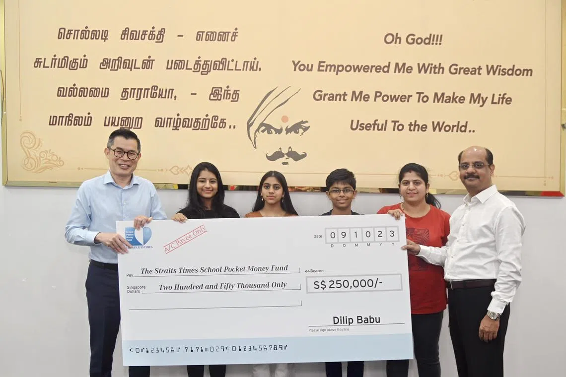 From left : Mr Jamie Ho , Editor , The Straits Times ; Ms Srinithi 19; Ms  Harini 15 ; Mr Arjun 14; Madam Ramya 42 and Mr Dilip Babu 49 posed for the mock cheque presentation. 

Photo was taken on 9 October 2023 at Info-Tech Systems Integrators Pte Ltd in  80 Bendemeer Rd #01-08 Singapore 339949.

Mr Dilip Babu, CEO of Info-Tech Systems Integrators Pte Ltd donate $250,000 to The Straits Times School Pocket Money Fund.

This is Mr Babu’s second contribution to the fund, after his $100K donation in 2022.

Mr Babu believes that no one should be deprived of a good quality education due to financial constraints. One well-educated person can impact the next few generations of life. He wants to lead by example to his children to motivate them to become future donors to the society.