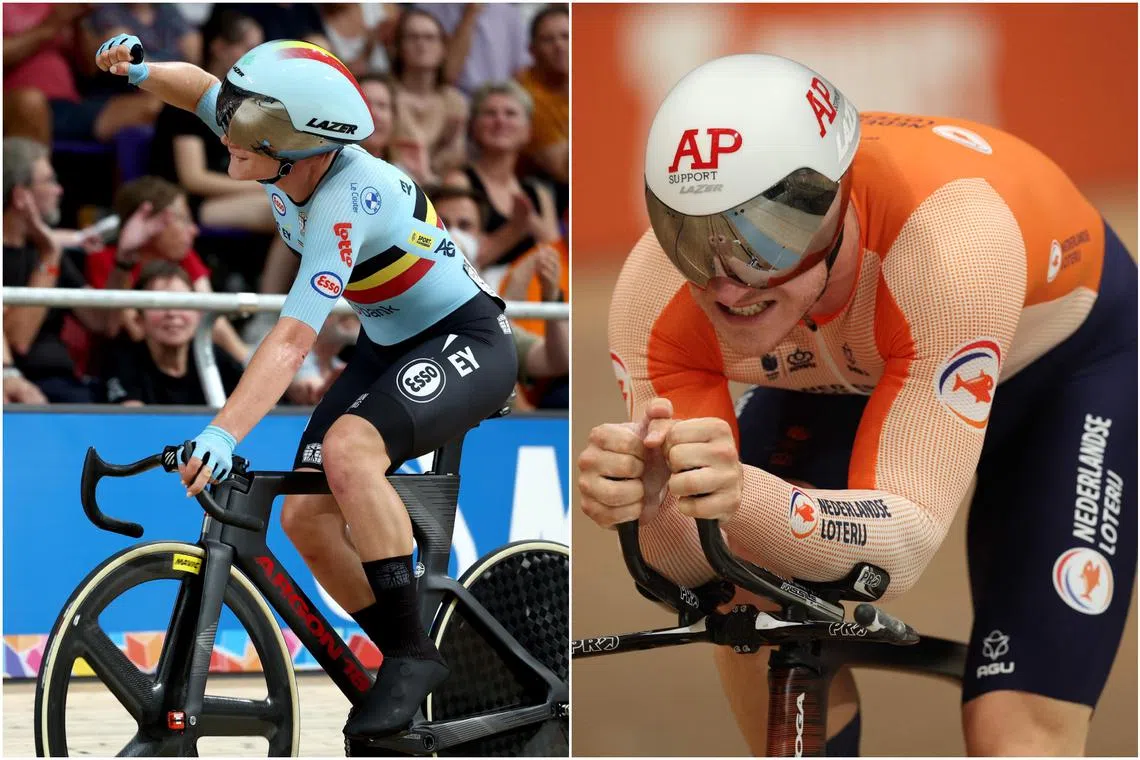 Lotte Kopecky (left) and Jeffrey Hoogland at the UCI World Cycling Championships in Glasgow on Aug 8.