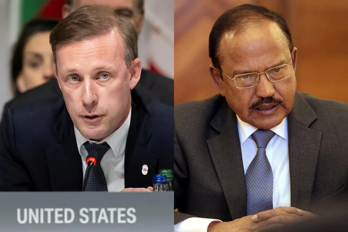 US national security adviser Jake Sullivan (left) and Indian counterpart Ajit Doval discussed "a wide range of issues of bilateral, regional and international concern" on July 12.