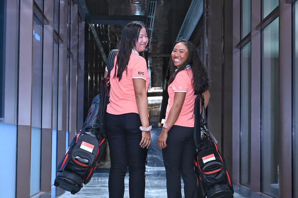 Photo taken on 7 Feb 2024 . From left : Chen Xingtong ,15 and Aloysa Atienza , 25. Both of them are in the Women’s national squad. 
Singapore golf association announcing their national squad for 2024.