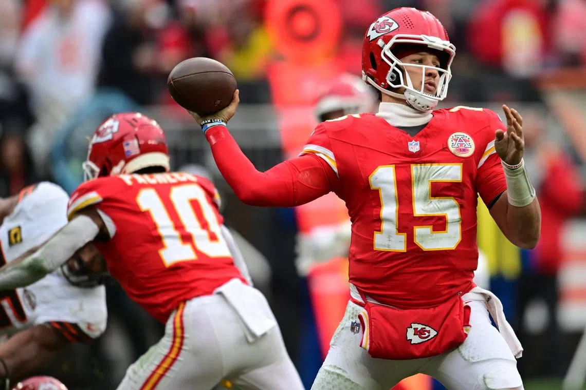 Dec 15, 2024; Cleveland, Ohio, USA; Kansas City Chiefs quarterback Patrick Mahomes (15) throws a pass during the second half against the Cleveland Browns at Huntington Bank Field. Ken Blaze-Imagn Images/File Photo