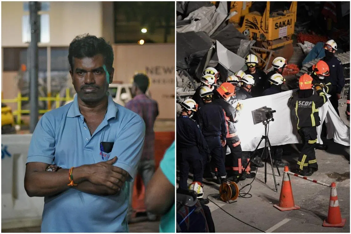 Mr Raja Manickam (left) at the accident site at around 11.43pm, two hours after identifying his grand-nephew Vinoth Kumar's body.