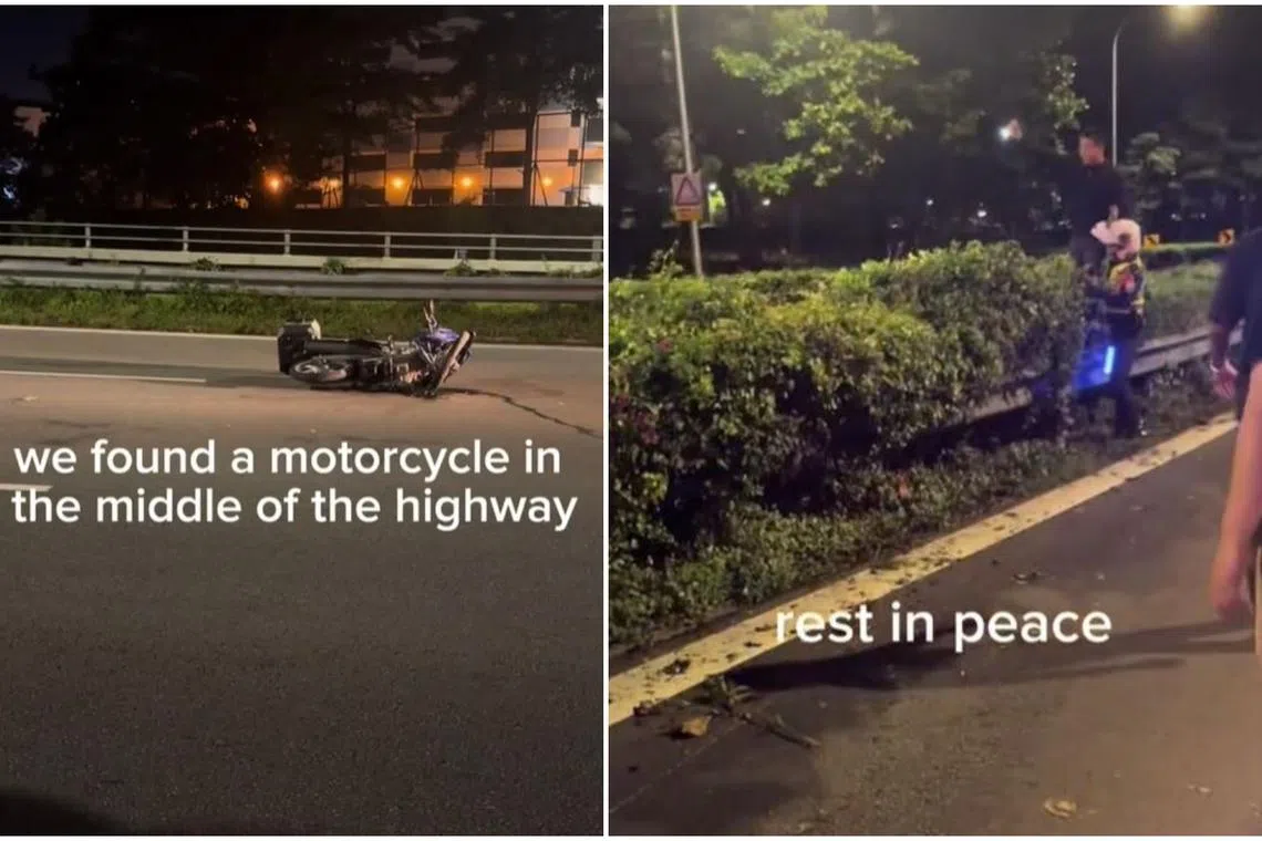 The motorcycle was found lying on its side, and a passerby was seen shining a light into the shrubs on the road divider.