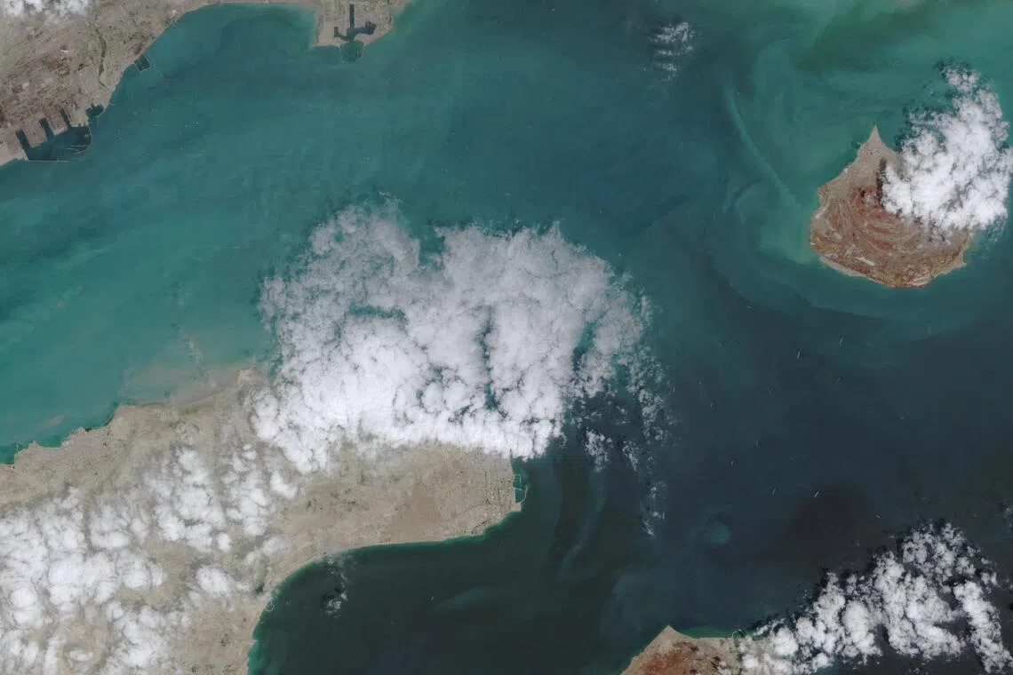 A satellite image shows the ship movement at the Strait of Hormuz on April 17, 2026, in Space. 