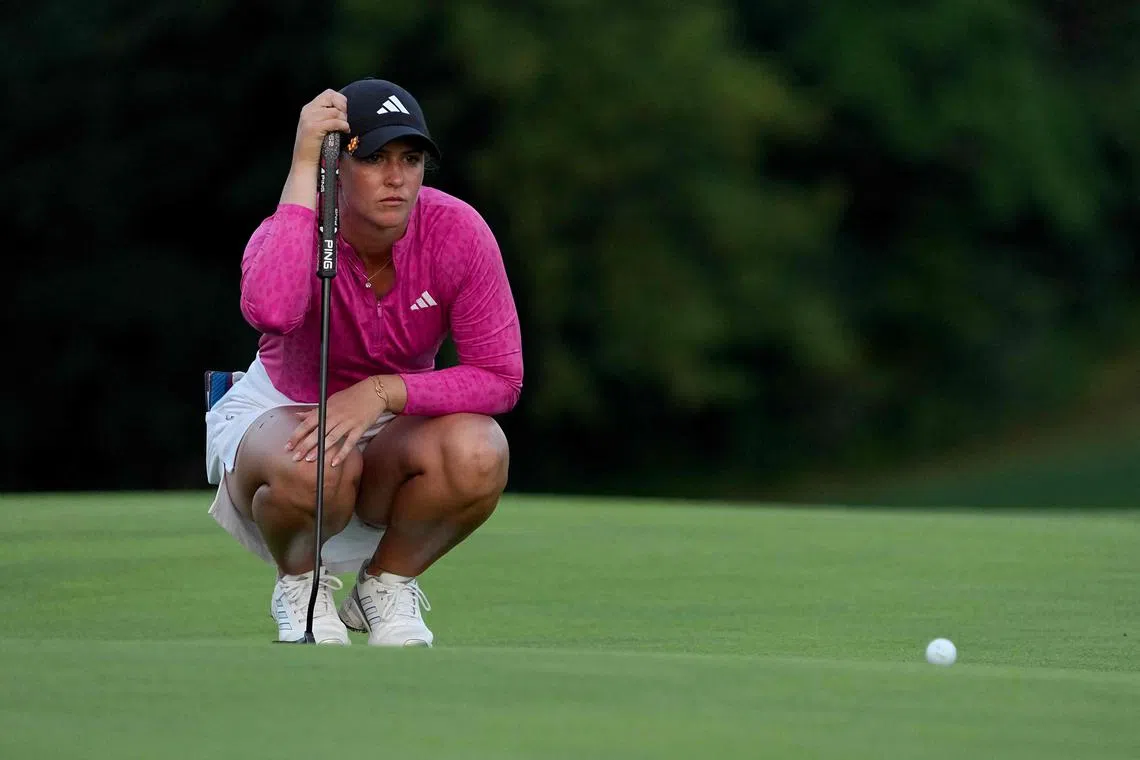 Linn Grant of Sweden lining up a putt on the 18th green during the third round of the Dana Open at Highland Meadows Golf Club on Saturday in Sylvania, Ohio.