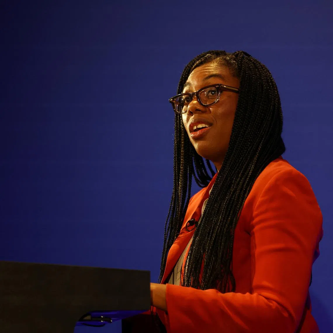 FILE PHOTO: Britain's Business and Trade Secretary Kemi Badenoch speaks during her press conference at the Manufacturing Technology Centre in Coventry, Britain, March 18, 2024. REUTERS/Carl Recine/Pool/File Photo