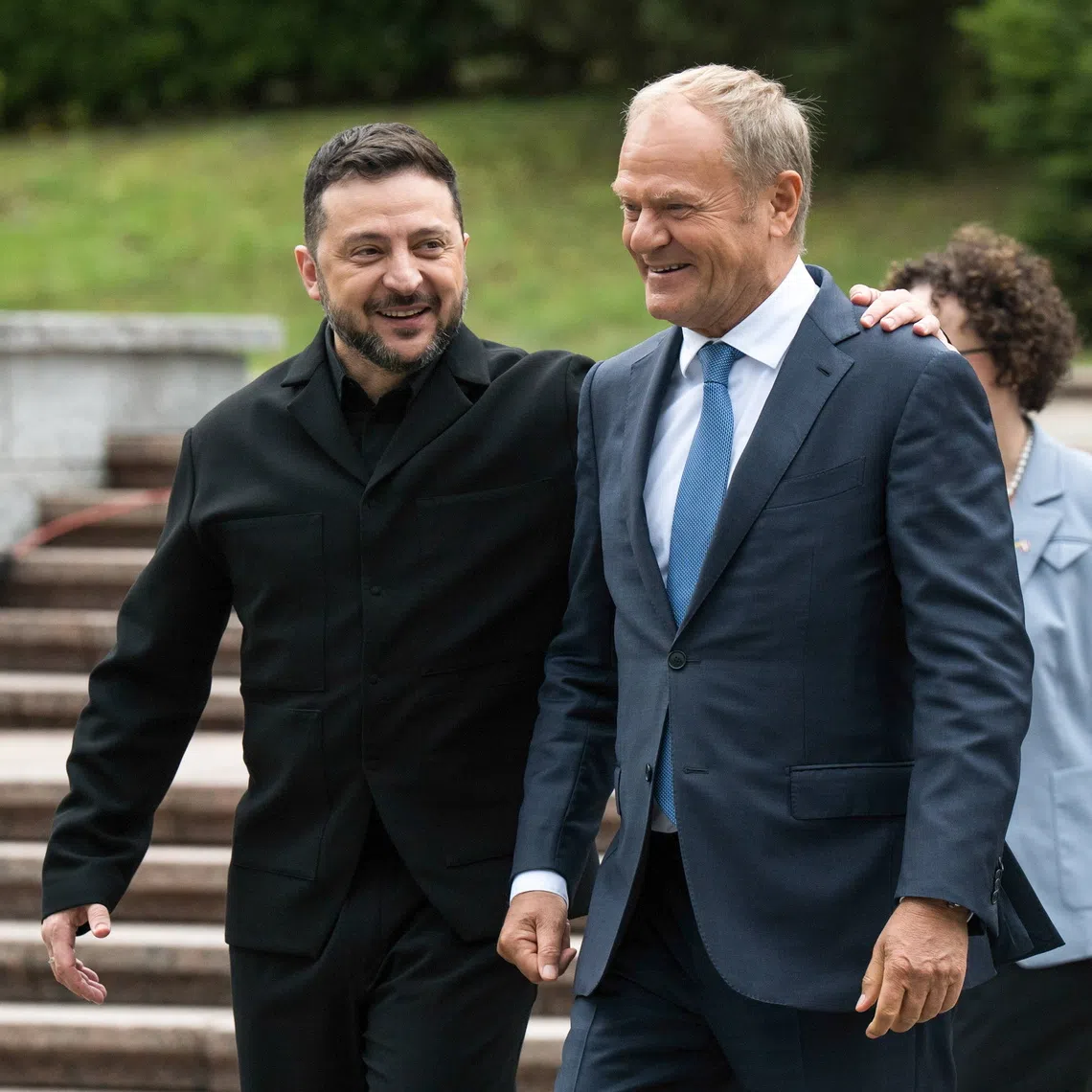 Ukrainian President Volodymyr Zelensky (left) and Polish Prime Minister Donald Tusk, during a meeting in the Ivano-Frankivsk Oblast, Ukraine, on Sept 18.