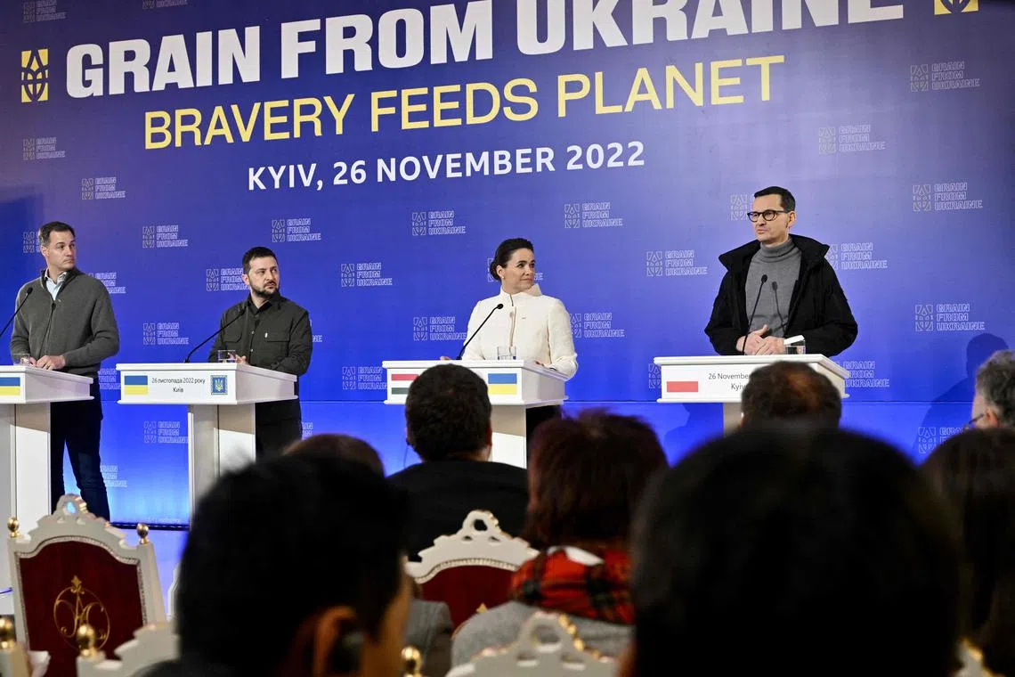 (From left) Belgian Prime Minister Alexander De Croo, Ukrainian President Volodymyr Zelensky, Hungarian President Katalin Novak and Polish Prime Minister Mateusz Morawiecki attend a press briefing after the International Summit on Food Security in Kyiv.