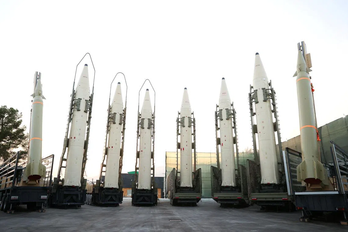 FILE PHOTO: Iranian ballistic missiles are displayed during the ceremony of joining the Armed Forces, in Tehran, Iran, August 22, 2023. Iran's Presidency/WANA (West Asia News Agency)/Handout via REUTERS/File photo