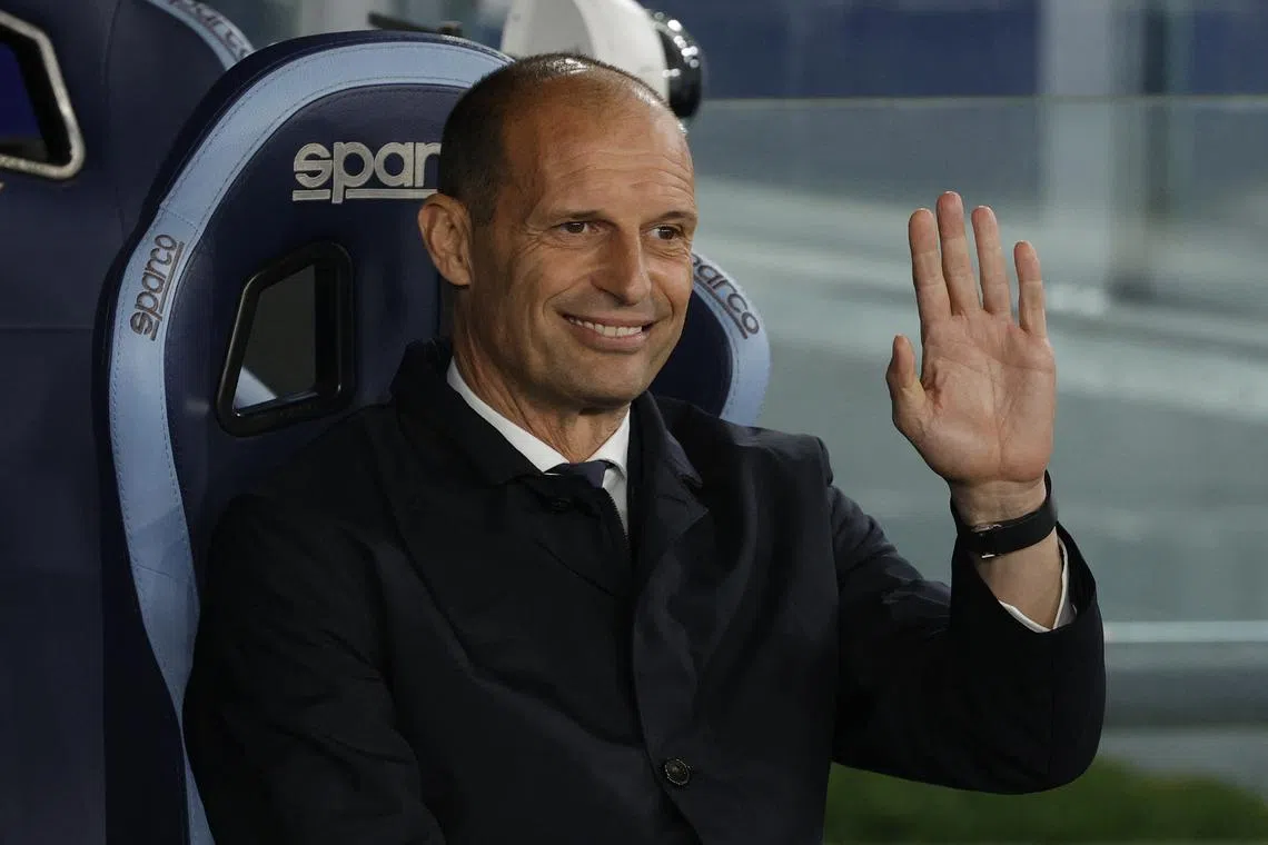 FILE PHOTO: Soccer Football - Coppa Italia - Semi Final - Second Leg - Lazio v Juventus - Stadio Olimpico, Rome, Italy - April 23, 2024 Juventus coach Massimiliano Allegri reacts before the match REUTERS/Ciro De Luca/File Photo