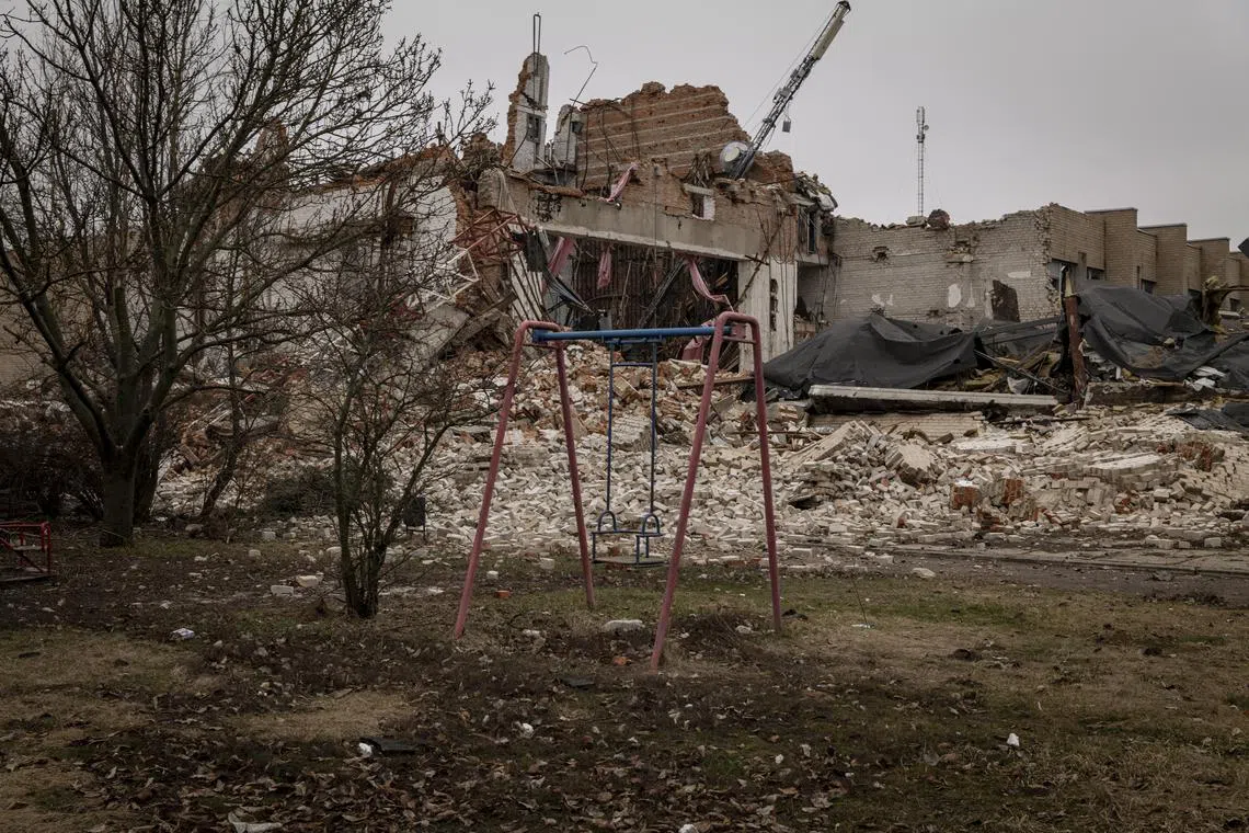 A destroyed sports hall in a town that has seen extensive shelling, in the Zaporizhzhia region of Ukraine, on Jan 14, 2023.