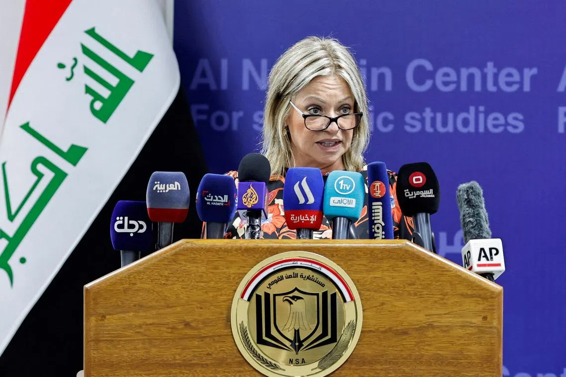 FILE PHOTO: Jeanine Hennis-Plasschaert, when Special Representative of the Secretary-General for the United Nations Assistance Mission for Iraq (UNAMI), attends a conference about al-Hol camp in Syria where families of Islamic State militants members live, in Baghdad,Iraq, June 12, 2023. REUTERS/Thaier Al-Sudani/File Photo