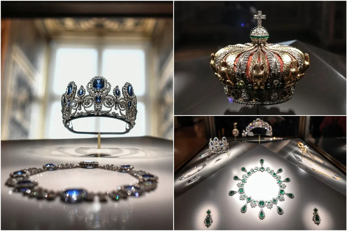 (Clockwise from left) The set of jewelry of Queen Marie-Amelie and Queen Hortense, the crown of the Empress of the French Eugénie de Montijo and the necklace and earrings of Empress Marie-Louise displayed are some of the jewels stolen from Louvre Musuem.