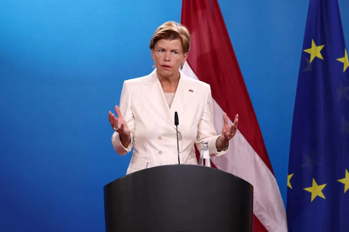 FILE PHOTO: Latvian Foreign Minister Baiba Braze speaks to reporters, after discussing foreign policy, as she meets with German Foreign Minister Annalena Baerbock, in Berlin, Germany, July 1, 2024. REUTERS/Liesa Johannssen/File Photo