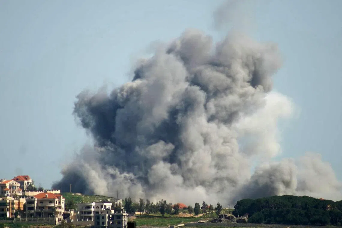 Smoke rises from the site of an Israeli strike that targeted the Lebanese village of Kfar Tibnit on April 16, 2026. 
