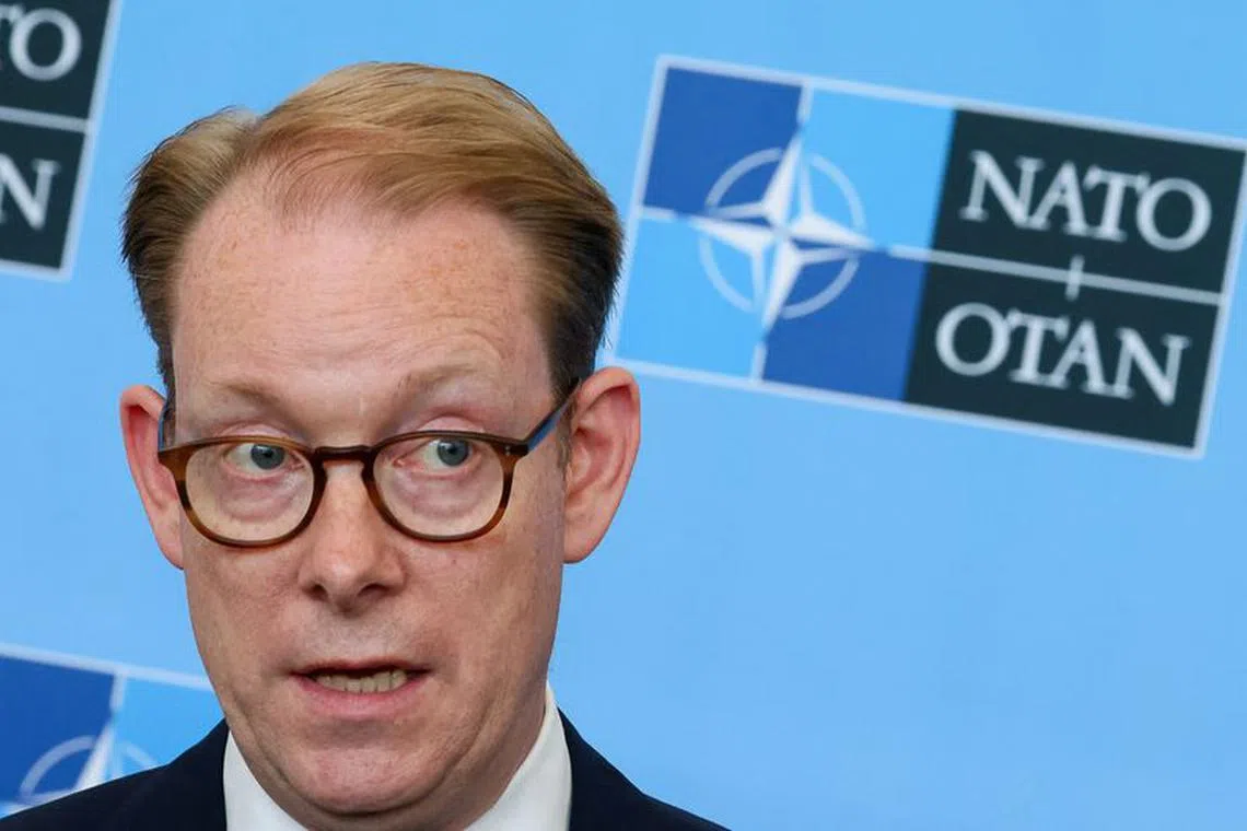 Swedish Foreign Minister Tobias Billstrom holds a press conference at the Alliance's headquarters in Brussels, Belgium July 6, 2023.  REUTERS/Yves Herman/File Photo