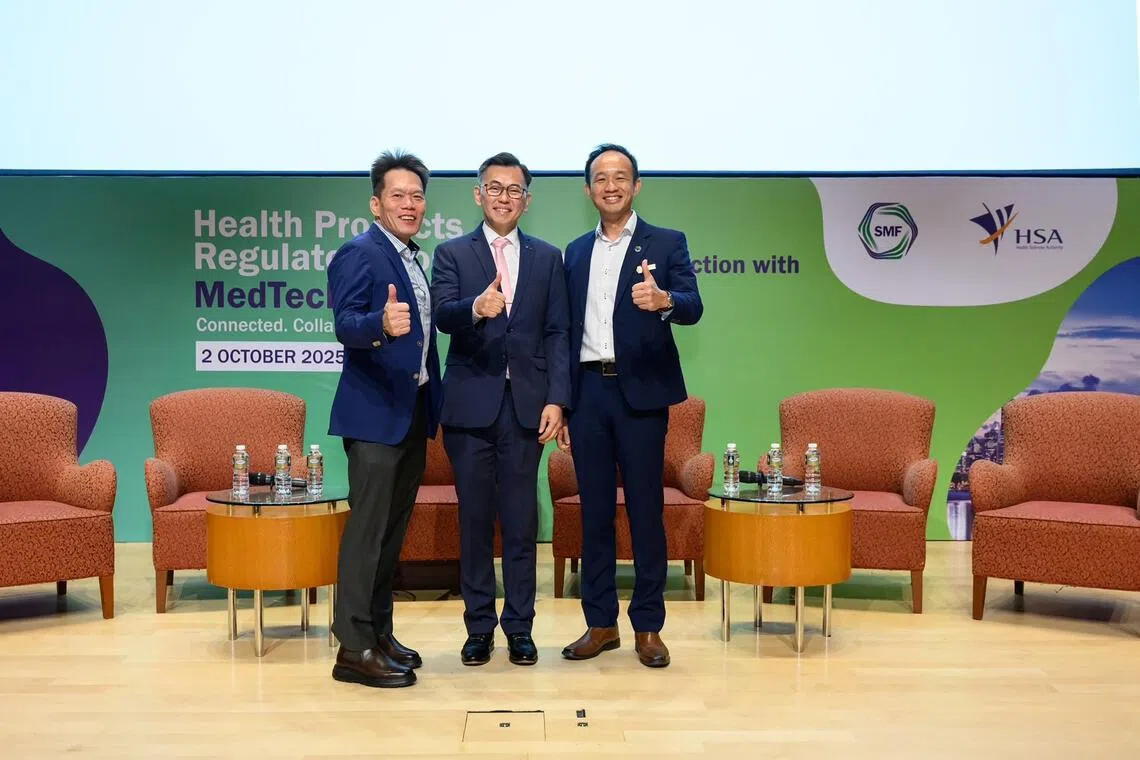 (From left) Singapore Manufacturing Federation (SMF) CEO Dennis Mark, Health Sciences Authority CEO Raymond Chua and SMF Medical Technology Industry Group Chairman Eugene Yoo at an Oct 2 conference.