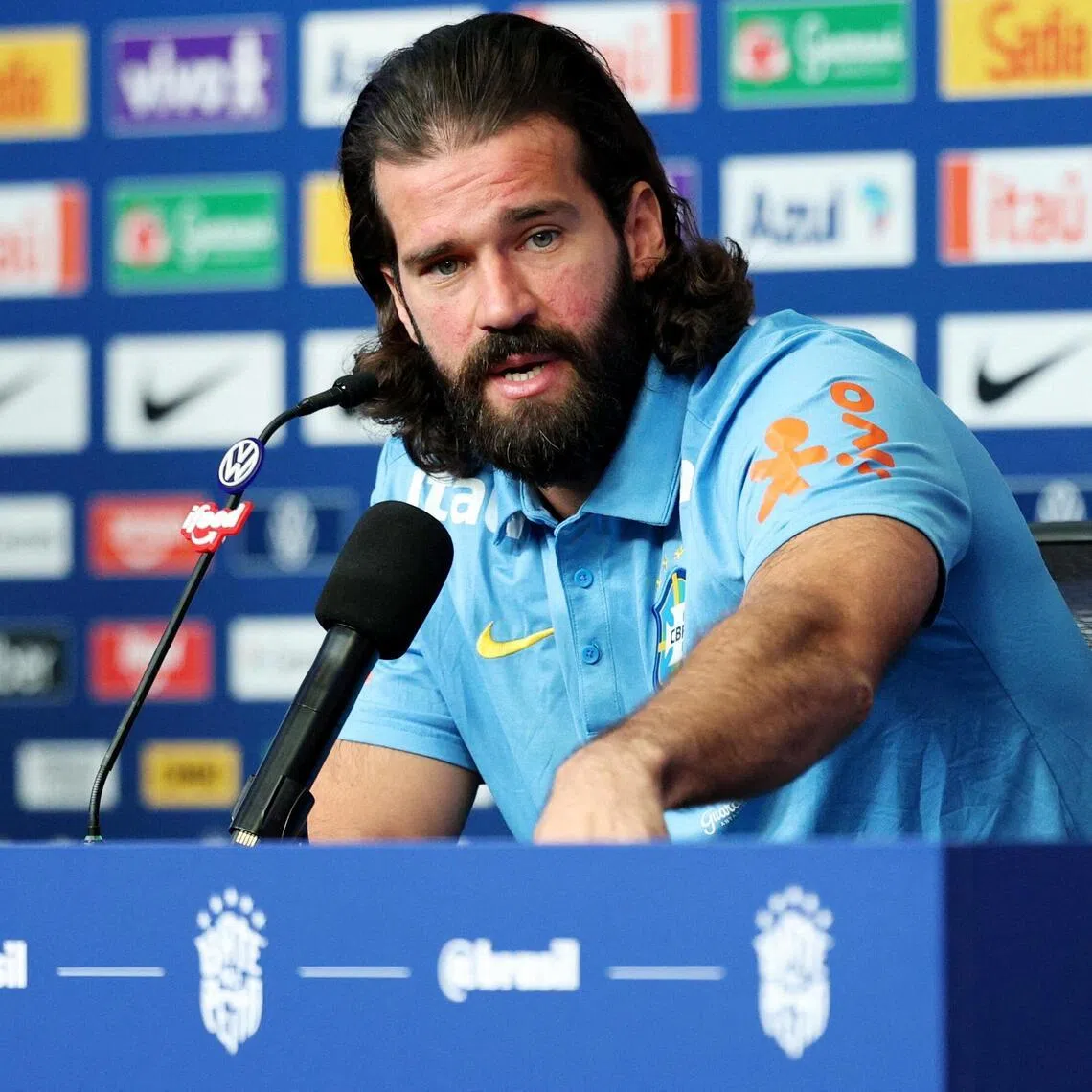 Brazil's Alisson Becker during the press conference ahead of their World Cup match against Morocco.