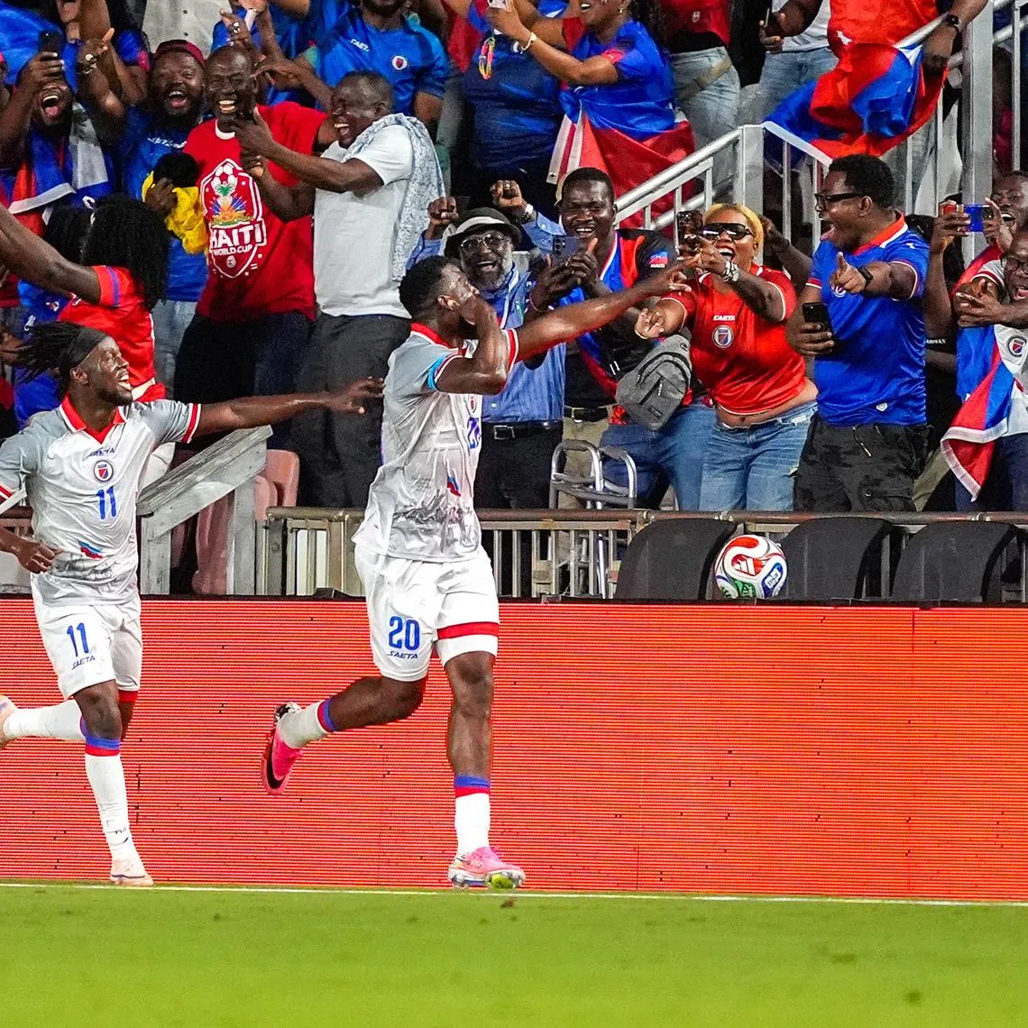 Jun 2, 2026; Fort Lauderdale, Florida, USA; Haiti forward Frantzdy Pierrot (20) celebrates his goal against New Zealand during the second half at Chase Stadium. Mandatory Credit: Jeff Romance-Imagn Images