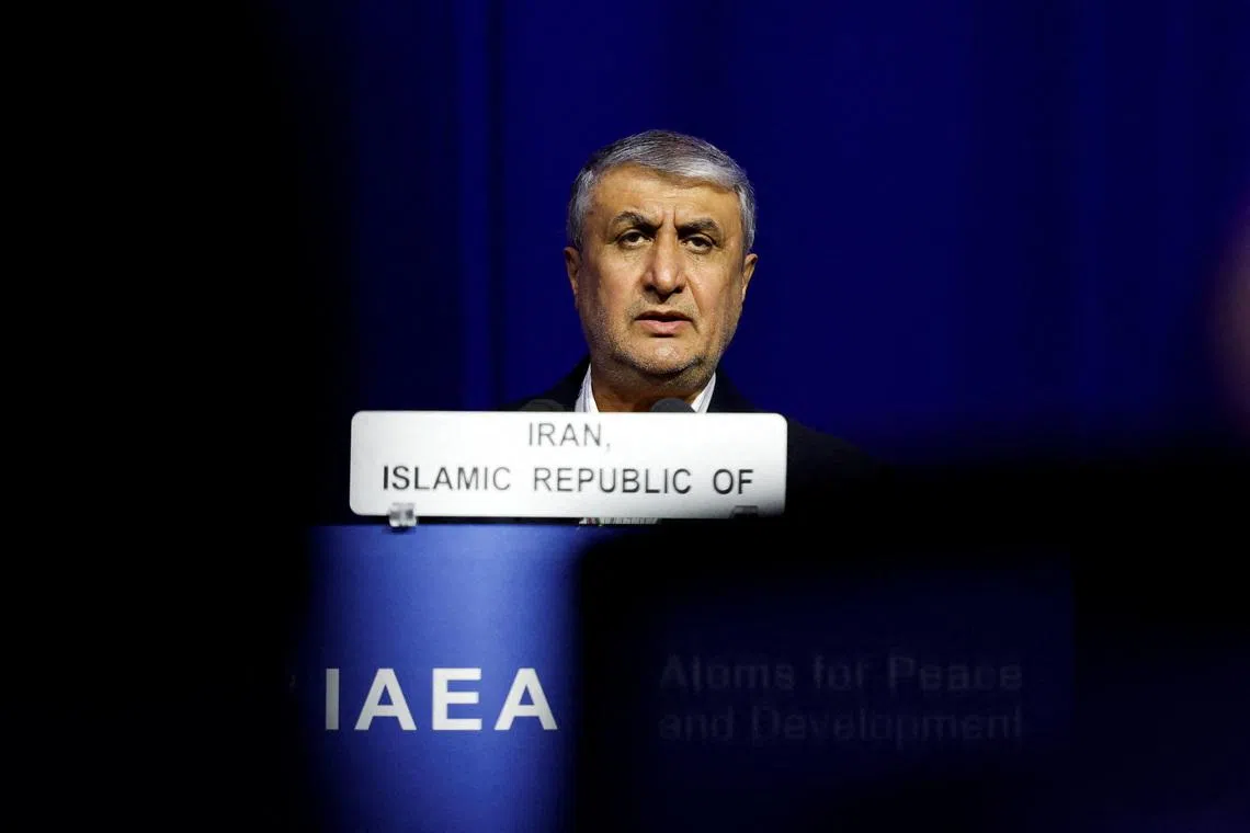 Mohammad Eslami, head of the Atomic Energy Organization of Iran (AEOI), speaks at the opening of the International Atomic Energy Agency (IAEA) General Conference at the agency's headquarters in Vienna, Austria, September 15, 2025. REUTERS/Lisa Leutner