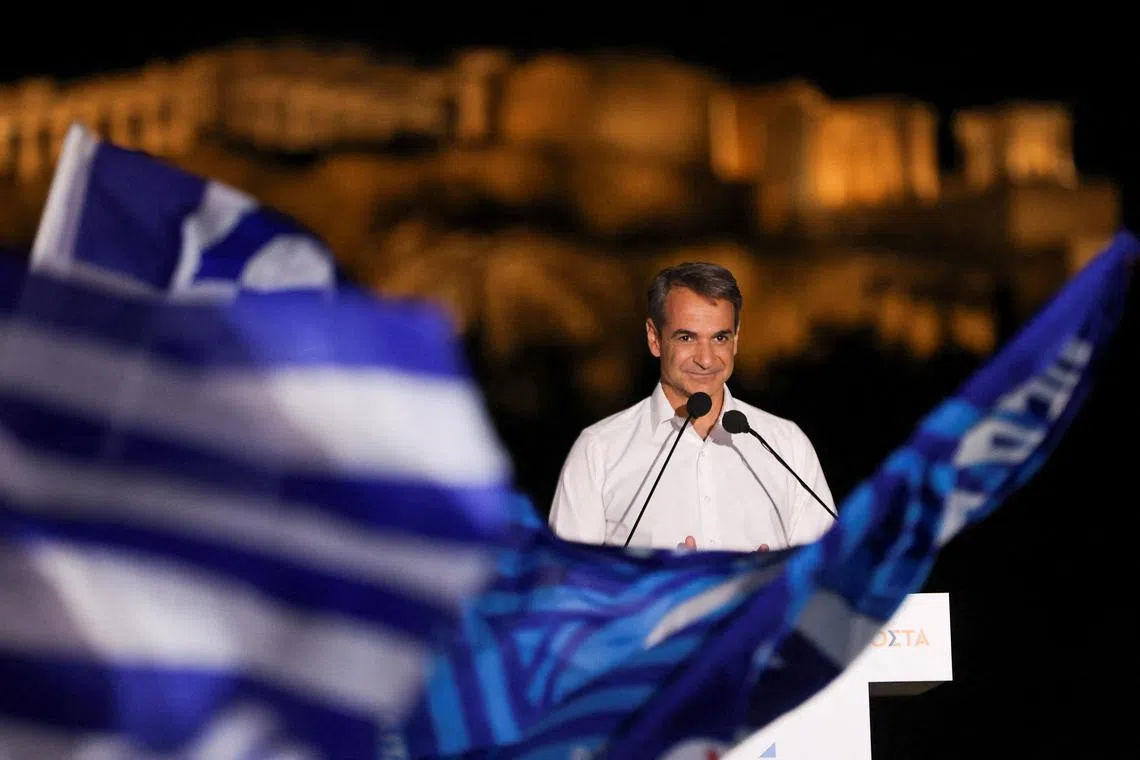 Greek Prime Minister and leader of the conservative New Democracy ruling party Kyriakos Mitsotakis addresses supporters during a pre-election rally in Athens, Greece, on May 19, 2023. 
