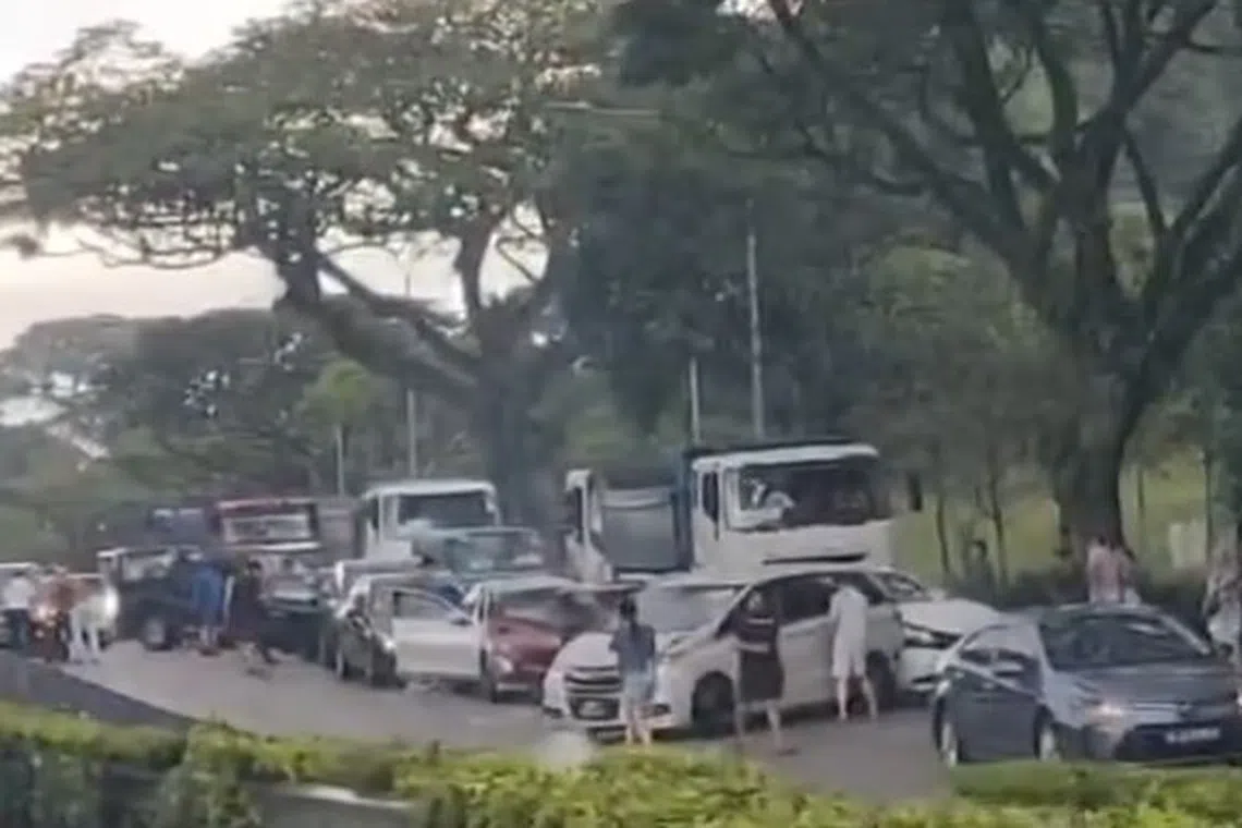 The accident, which occurred after the Stevens Road exit, involved nine cars and a motorcycle.