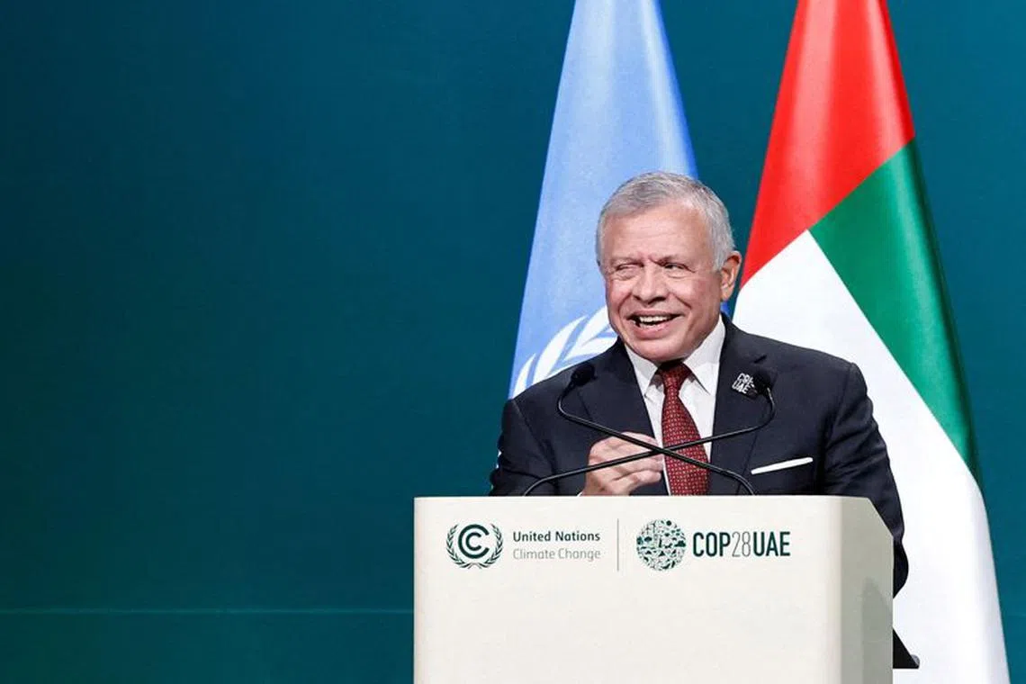 FILE PHOTO: Jordan's King Abdullah II delivers a national statement at the World Climate Action Summit during the United Nations Climate Change Conference (COP28) in Dubai, United Arab Emirates, December 1, 2023. REUTERS/Thaier Al Sudani/File Photo