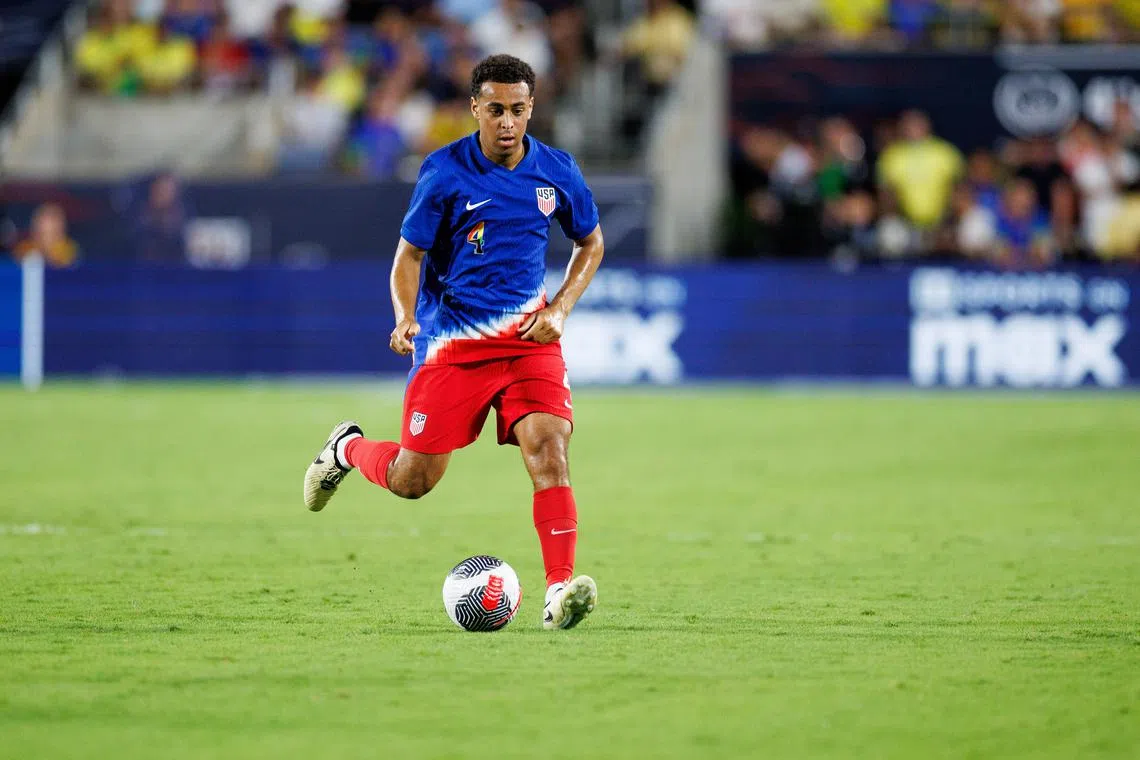 FILE PHOTO: Jun 12, 2024; Orlando, Florida, USA;  United States midfielder Tyler Adams (4) controls the ball against Brazil in the second half during the Continental Clasico at Camping World Stadium. Mandatory Credit: Nathan Ray Seebeck-USA TODAY Sports