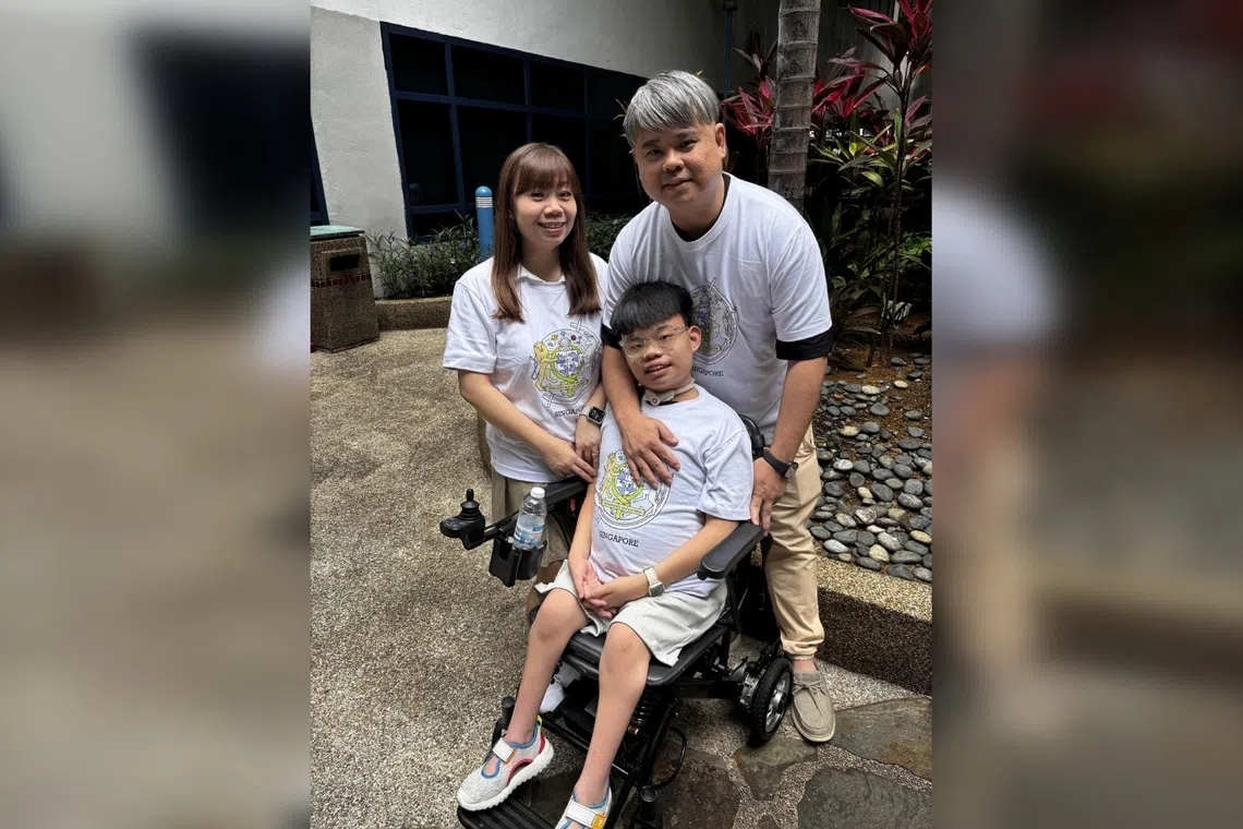 Jarren Ng has congenital hypomyelinating neuropathy, a rare hereditary disorder that causes severe muscle weakness due to a lack of myelin around the nerves. He is seen with his parents, Dawn Lee and Kelvin Ng.