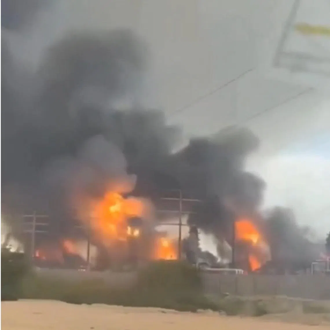 Screenshots from videos posted online are said to show the aftermath of an attack on Iran's Pars gas field (left) and a subsequent attack in Riyadh, Saudi Arabia.