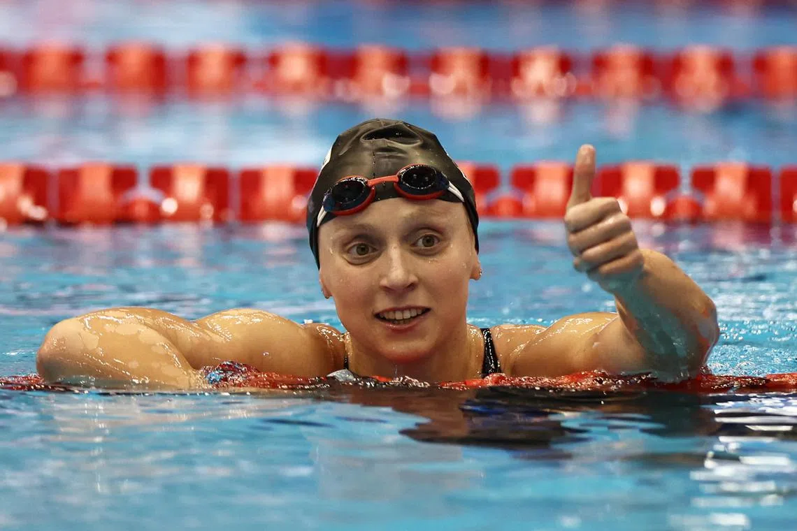 FILE PHOTO: Fukuoka 2023 World Aquatics Championships - Swimming - Marine Messe Fukuoka Hall A, Fukuoka, Japan - July 29, 2023 Katie Ledecky of the U.S. celebrates after winning the women's 800m freestyle final REUTERS/Marko Djurica/File Photo