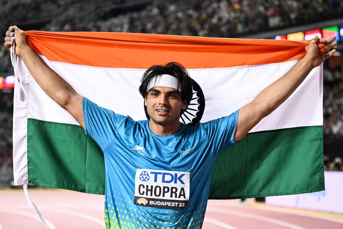 Neeraj Chopra celebrates after winning the Men's Javelin Throw final at the World Athletics Championships in Budapest, on Aug 27.