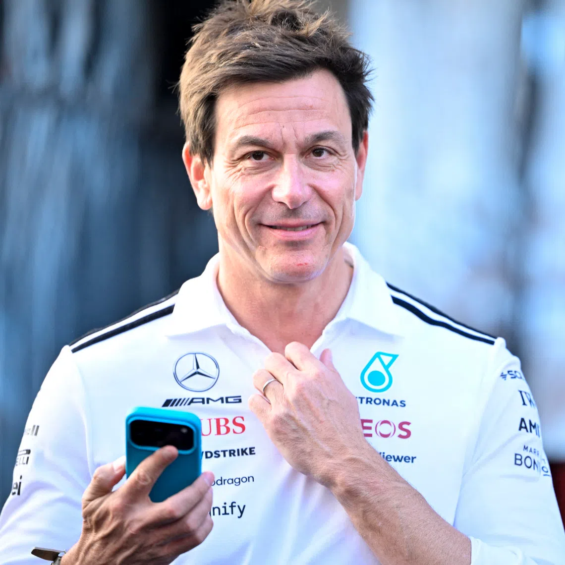 Oct 19, 2025; Austin, TX, USA; Mercedes AMG Petronas CEO and team principal Toto Wolff arrives at the track before the start of the 2025 US Grand Prix at Circuit of The Americas Austin. Mandatory Credit: Jerome Miron-Imagn Images