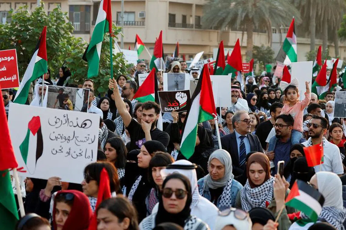 FILE PHOTO: Demonstrators attend a protest in support of Palestinians, amid the ongoing conflict between Israel and the Palestinian Islamist group Hamas, in Muharraq, Bahrain, November 18, 2023. REUTERS/Hamad I Mohammed/File Photo