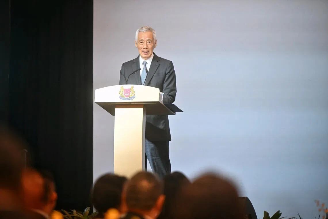 Senior Minister Lee Hsien Loong speaking at the annual Administrative Service dinner held at the Marina Bay Sands Expo and Convention Centre on April 21.