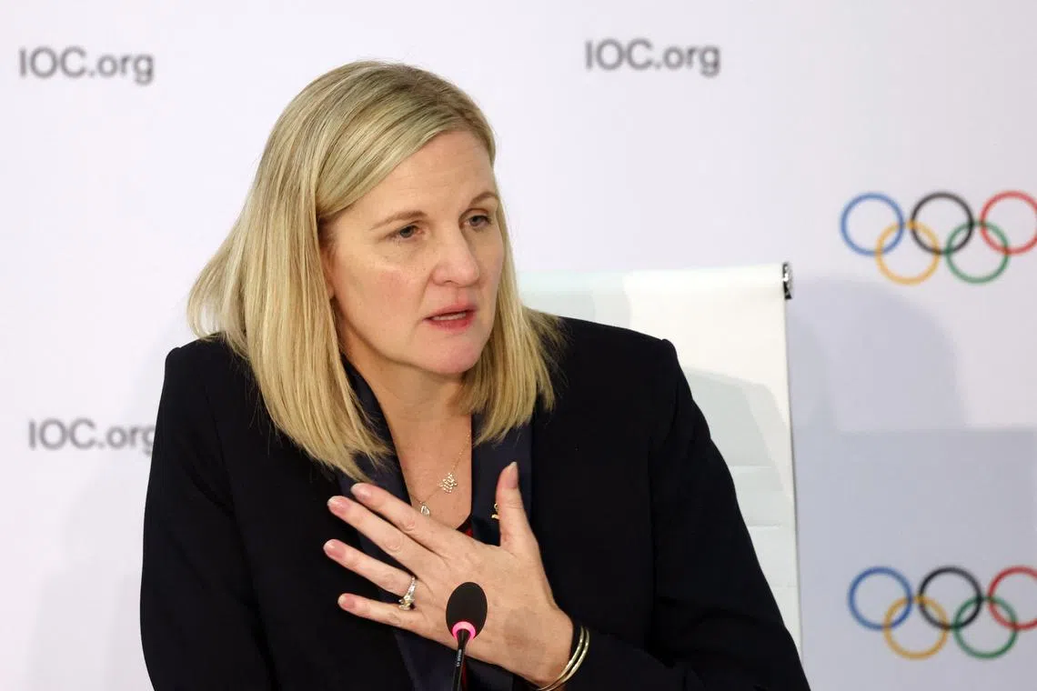 FILE PHOTO: Olympics - 144th IOC Session - Costa Navarino, Pylos, Greece - March 20, 2025 Kirsty Coventry during the press conference after she was elected as the new president of the International Olympic Committee (IOC) REUTERS/Louisa Gouliamaki/File Photo