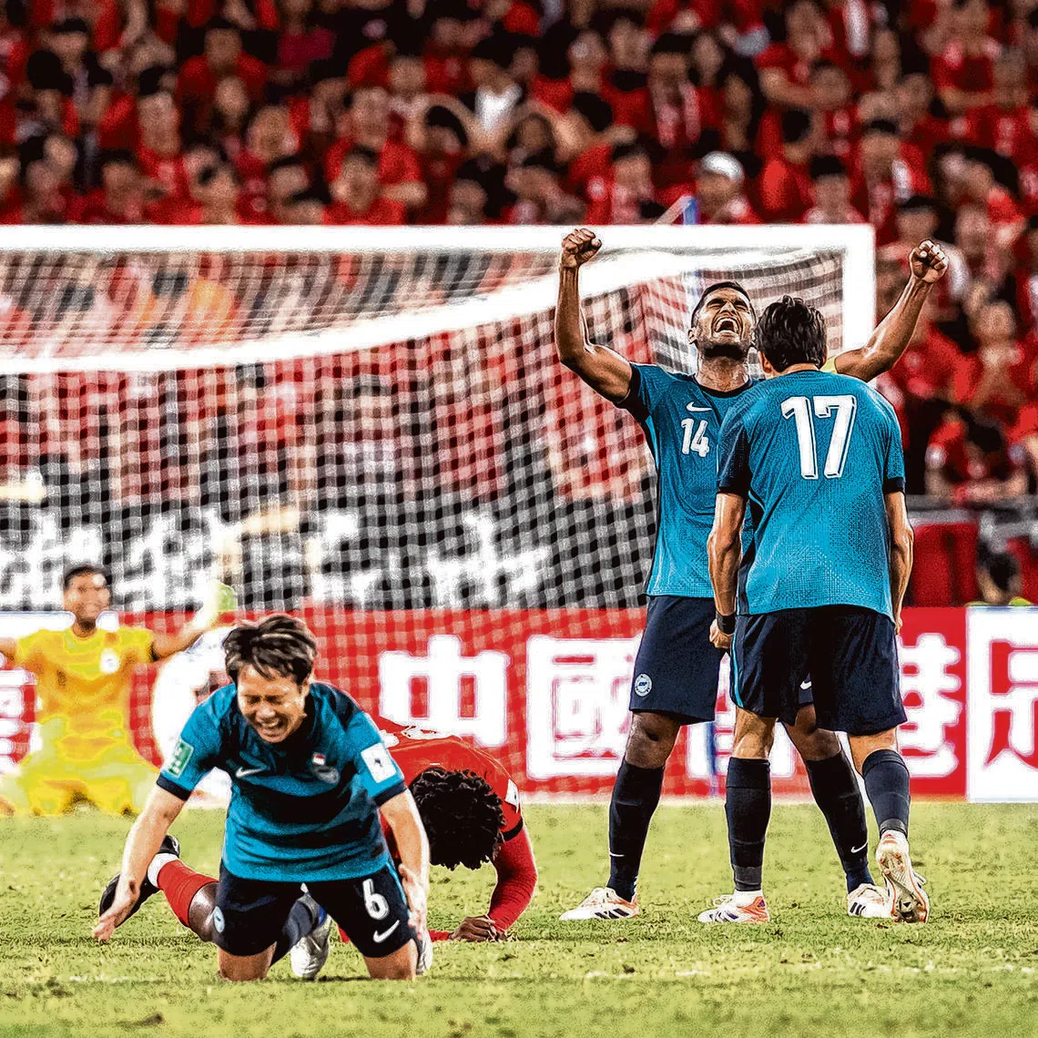 The Lions celebrating after winning 2-1 in Hong Kong to secure maiden Asian Cup qualification.